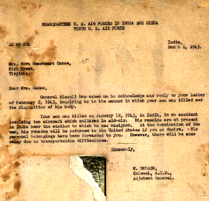 Letter from W. Urbach to Ganoe\'s family.