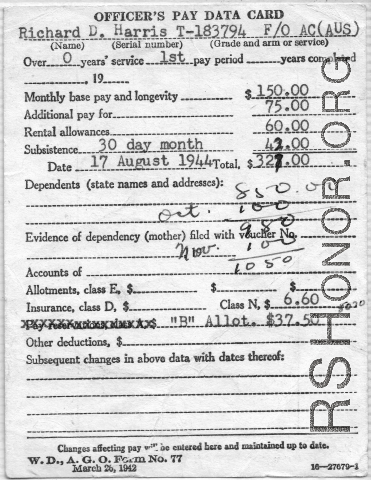 Richard Harris officer's pay card from his first pay period. As a Flight Officer (F/O) he was making as much as a 2nd Lt.
