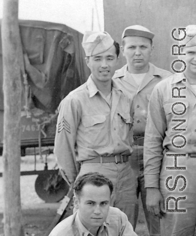  Far left in image above, identifiable is "Sam" Isamu S. Higurashi, Military Intelligence, trained in Japanese linguists at the Military Intelligence Service Language School (MISLS), Sec 8 (Graduated Camp Savage, Minnesota, July 1943). He was serving the US in China while his family was being held at the Minidoka War Relocation Center internment camp in Jerome County, Idaho.