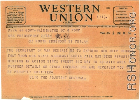 Telegram regarding Kosta (Jack) Xita, lost in the CBI during WWII in 1944