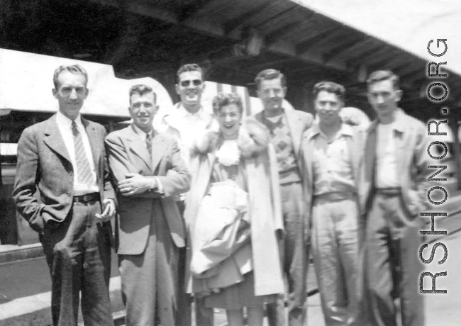 Newlyweds Richard and Bernice Harris (Anderson) and party at train station after wedding on May 21, 1943, the wedding celebrated as nuptial Mass at Sacred Heart Church, Seattle. Bernice ("Bea," as she liked to be known) worked at Boeing during WWII in the war effort while her husband was serving in India.