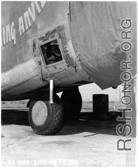 Camera port of F-7A/B-24 "The Flying Anvil." 24th Combat Mapping Squadron, 8th Photo Reconnaissance Group, 10th Air Force.