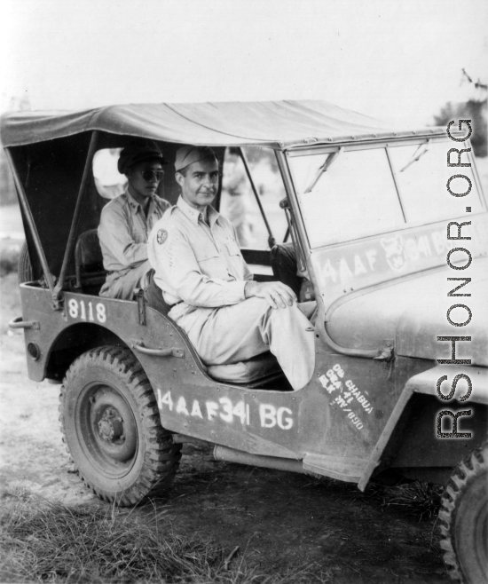 Major Gen. Charles B. Stone, and another officer, riding a 341st Bomb Group, 14th Air Force, jeep during a visit to Yangkai on the August 29, 1945.  The jeep has stenciled "Chabua" (India), however groups and materials moved around, so it is not surprising to see this jeep in China, especially by the summer of 1945.