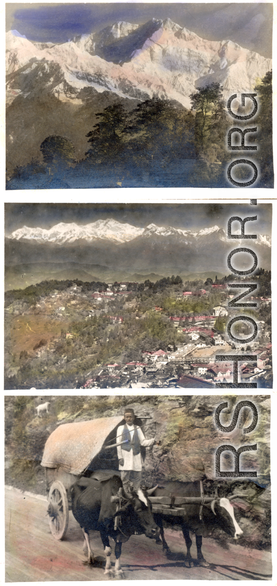 Darjeeling and mountains behind, including the Kangchenjunga . Hand-tinted images.