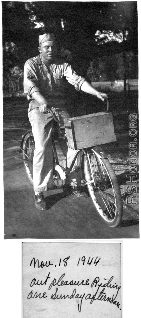 John Schuhart of the 2005th Ordnance Maintenance Company, 28th Air Depot Group, "out pleasure riding one Sunday afternoon," November 18, 1944 in the CBI.