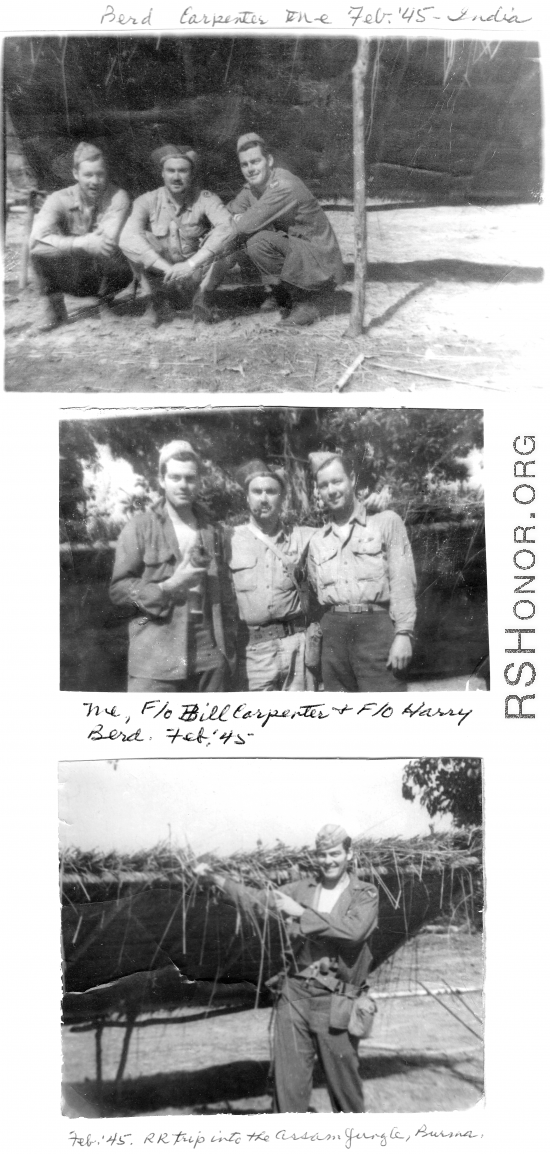 ATC flyers on R&R to the "Assam jungle, Burma," during February 1945.  Middle image, left to right:       Richard "Dick" Harris       F/O Bill Carpenter       F/O Harry Berd