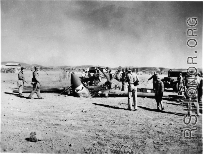 A destroyed P-40 of the 26th Fighter Squadron, a "China Blitzers" fighter, attached to the 51st Fighter Group. In China during WWII.