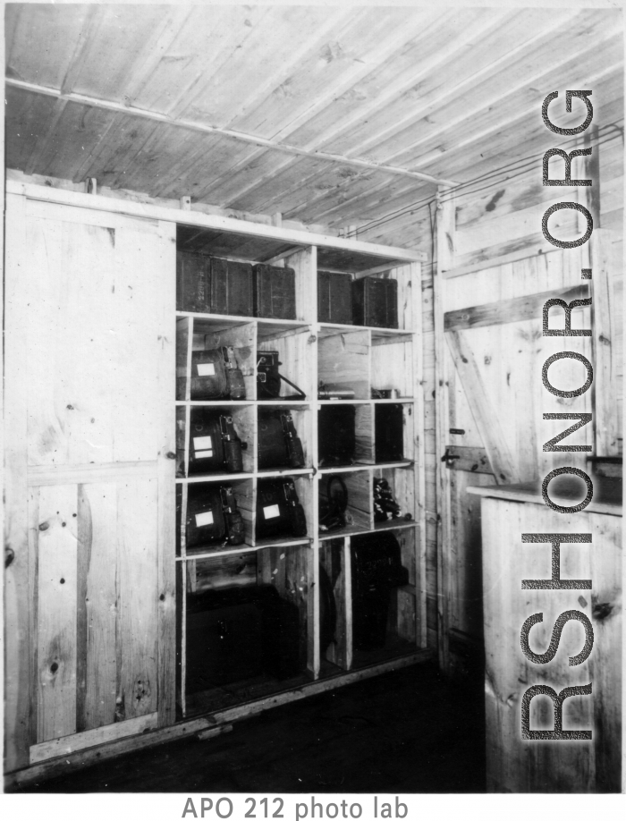 Photographic equipment stored at photo lab at Yangkai, APO 212, during WWII, likely in 1945.