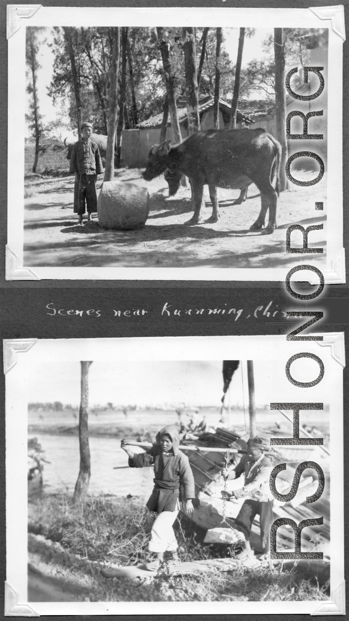 Scenes in Kunming, China, area during WWII: Boy with ox, and people getting off boat on canal.