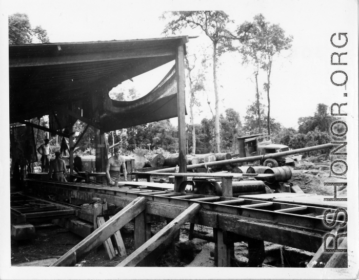 Operations of a lumber mill of the 797th Engineer Forestry Company in Burma.  During WWII.