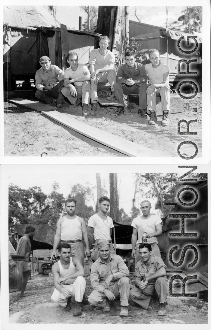 Engineers of the 797th Engineer Forestry Company pose about camp in Burma.  During WWII.