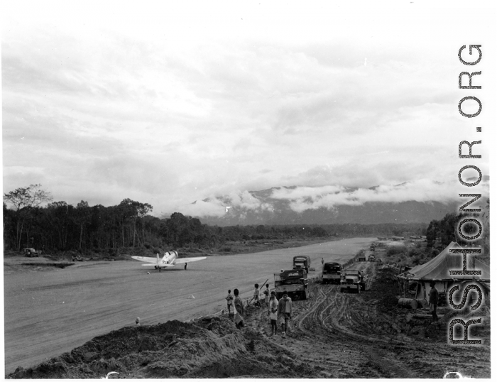 A Republic P-47 Thunderbolt at an airstrip in Burma in 1944.  Aircraft in Burma near the 797th Engineer Forestry Company.  During WWII.