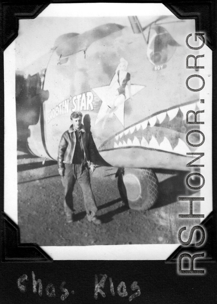 Charles Klaes with B-24 "SHOOTIN' STAR," in the CBI during WWII.  "B-24s in my squadron."