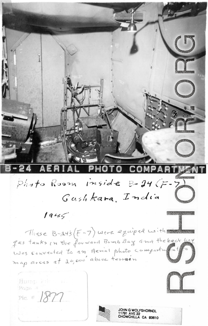 Aerial photographic compartment on F-7. 24th Combat Mapping Squadron, 8th Photo Reconnaissance Group, 10th Air Force. At Gushkara, India, 1945.  These F-7 were in equipped with extra gas tank in place of the forward bomb bay on a B-24, and a converted aerial photo compartment in the back bomb bay, to map areas at 20,000 feet above terrain.