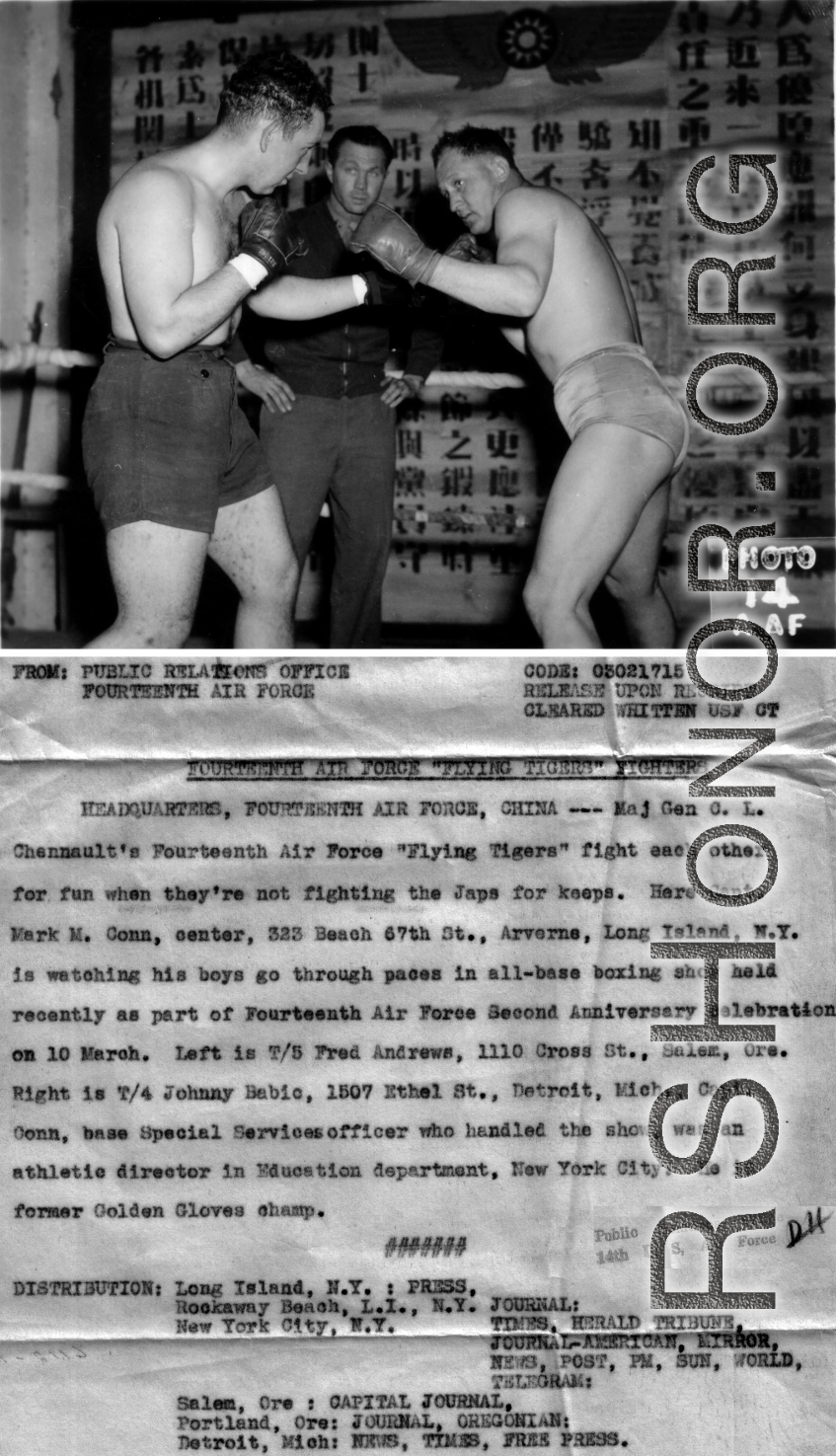 A boxing match between 14th Air Force soldiers Mark M. Conn, Fred Andrews, and Johnny Babic.
