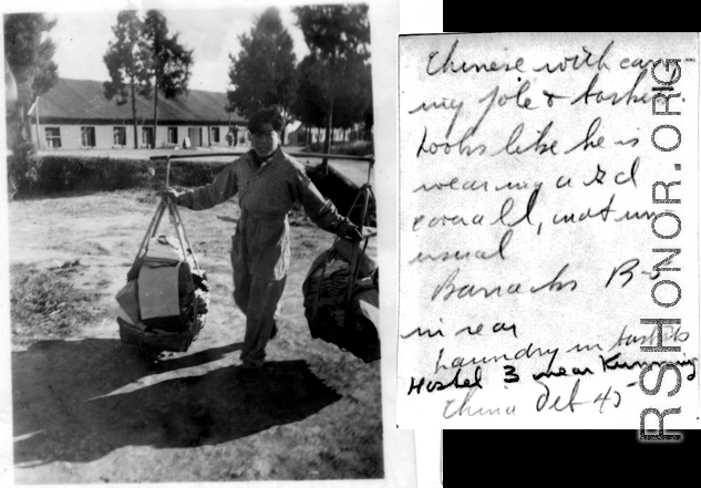 Worker with carrying pole at Hostel #3, Kunming, October 1945. Barracks B-5 in background.