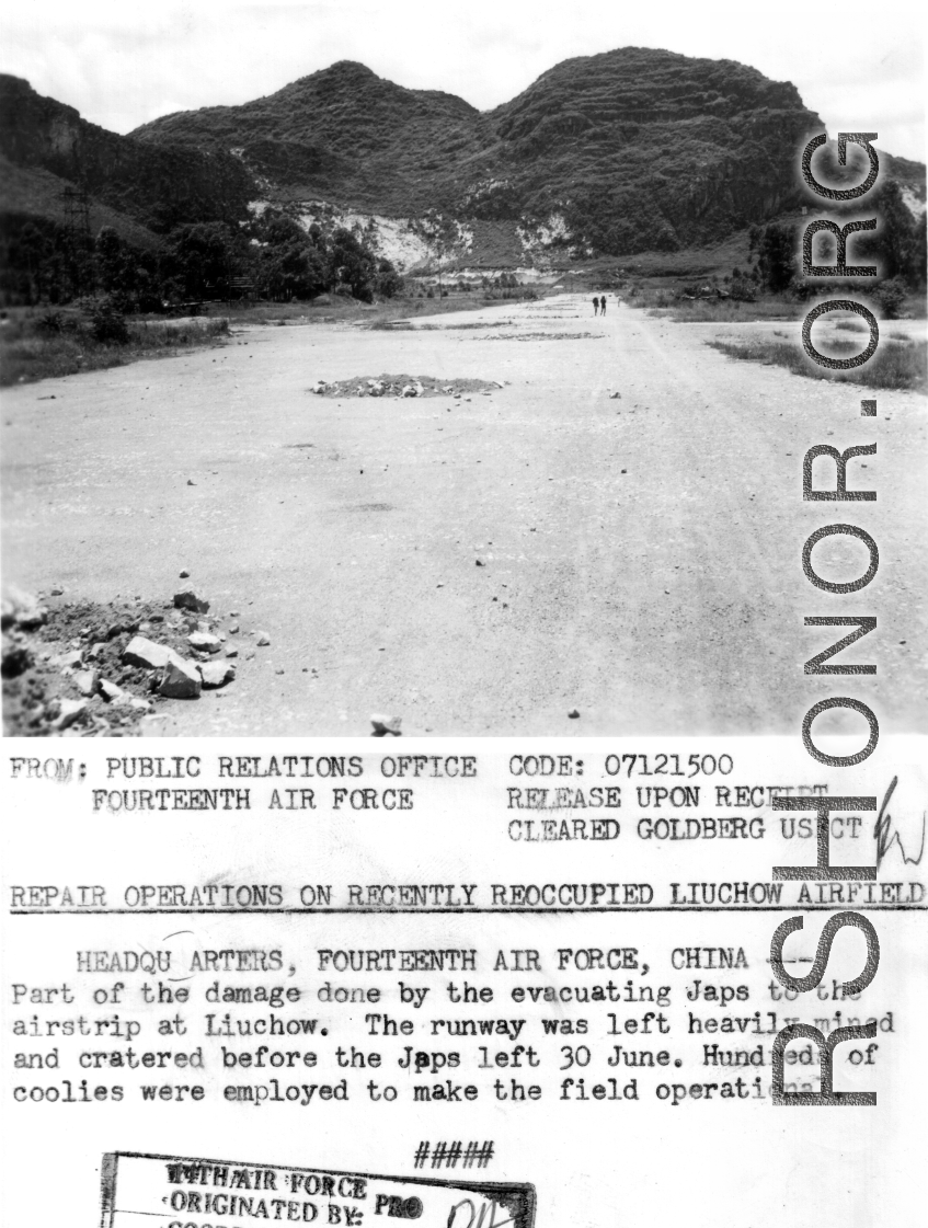 Runway at American airbase at Liuzhou, Guangxi province, in the CBI, after Japanese retreat in 1944. The runway was heavily damaged and mined.