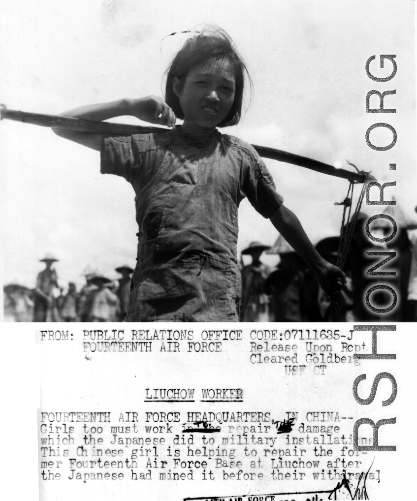 Young girl shoulders carrying-pole to repair runway at Liuzhou, Guangxi province, in the CBI, after Japanese retreat after Ichigo.