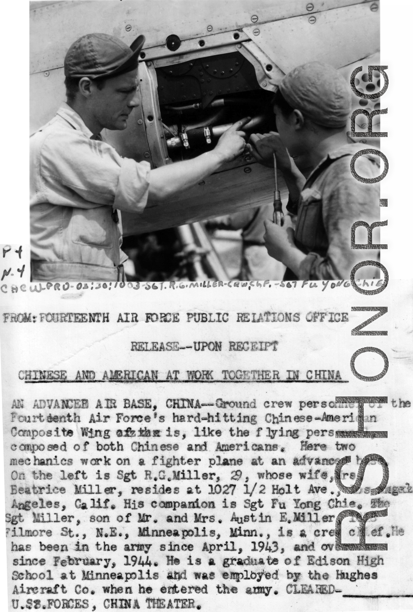 CACW mechanics Sgt. R. G. Miller, and Sgt. Fu Yong Chie work on P-51 fighter in China during WWII.