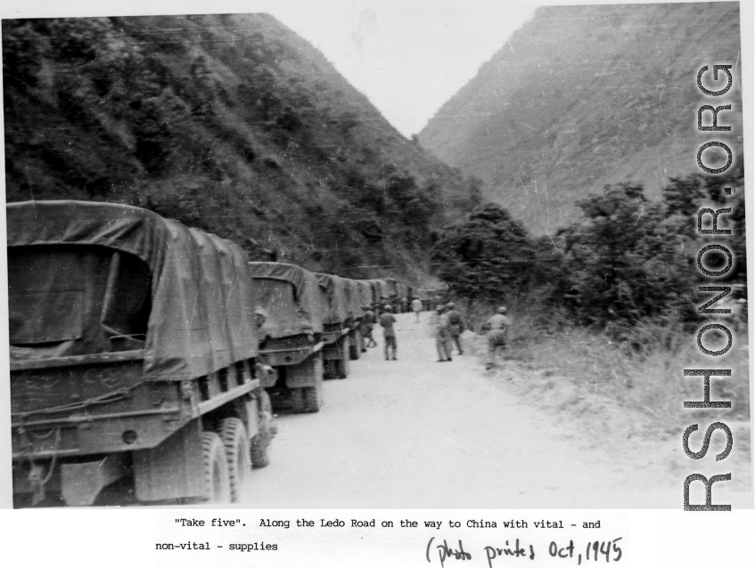 Convoy rest break on the Ledo Road taking supplies into China, during WWII. 1945.