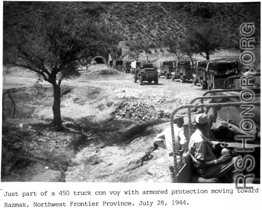 Part of 450 truck convoy with armored protection moving toward Razmak, Northwest Frontier Province, India. July 28, 1944.