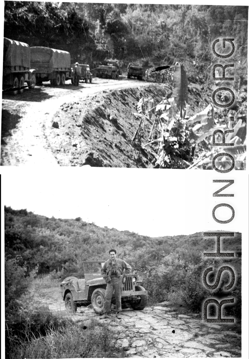 Trucks on Burma/Ledo/Stilwell Road Convoy; GI driving jeep in SW China fon walking path rom the Ming or Qing Dynasty.  Photos from  Emery and Beth Vrana.