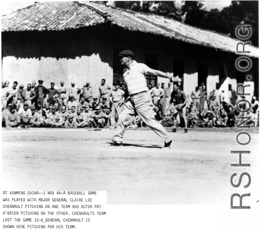 Major General Claire Chennault pitches for his team during a baseball game on November 1, 1944, in Kunming China.