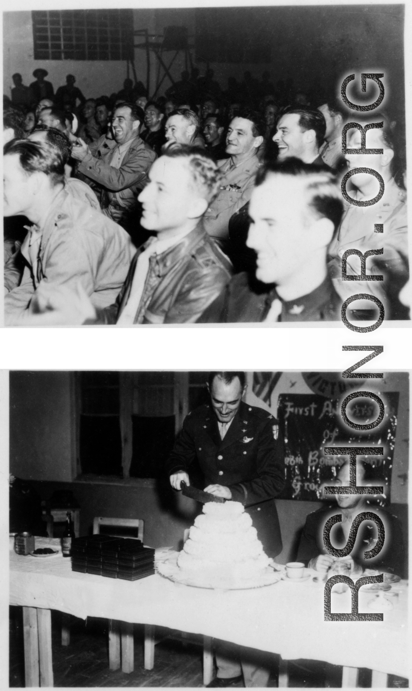 Chennault laughs with others in an audience; Officer cuts cake at 308th one year anniversary event. In the CBI during WWII.  Images provided by Emery and Beth Vrana.