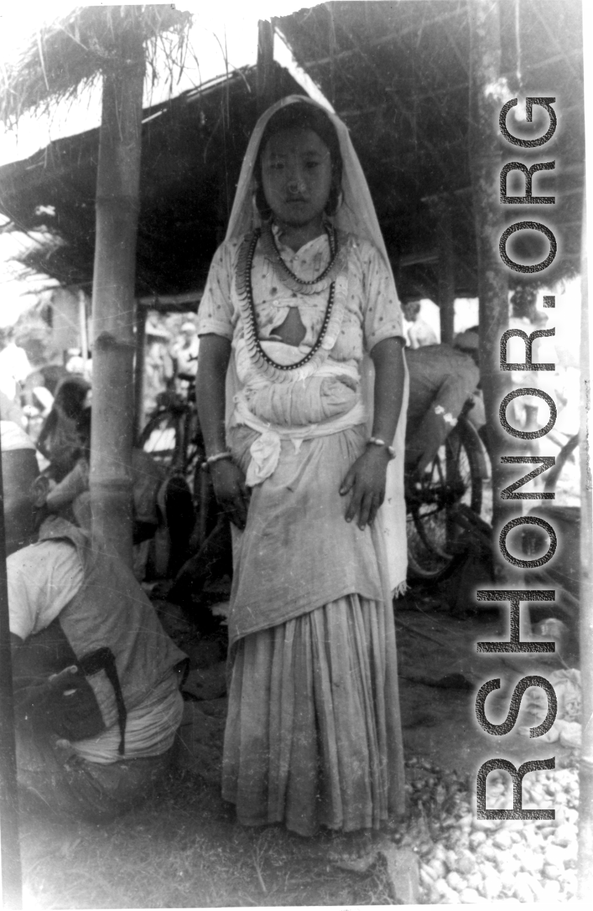 A young woman in India.  Local images provided to Ex-CBI Roundup by "P. Noel" showing local people and scenes around Misamari, India.   In the CBI during WWII.