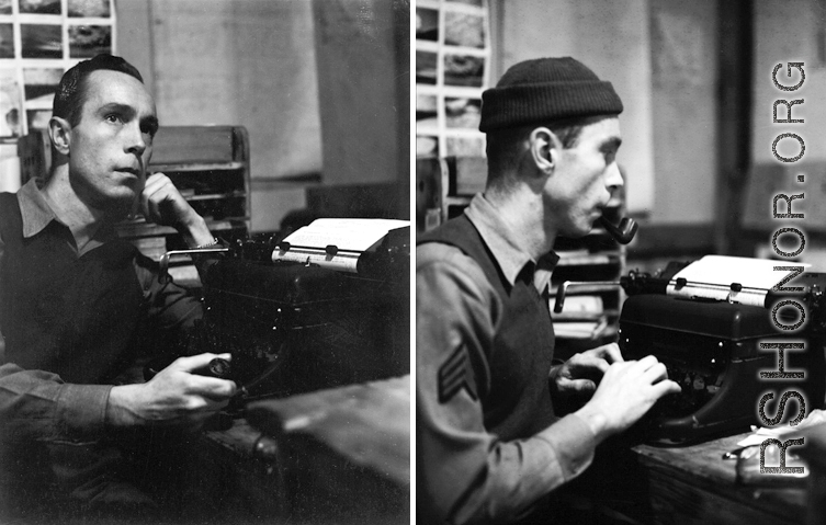 An American serviceman in the CBI working at typewriter.  From the collection of Wozniak, combat photographer for the 491st Bomb Squadron, in the CBI.