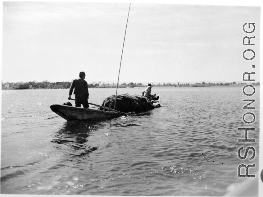 Local people in Yunnan province, China, on a small boat, collecting water grass. During WWII.  From the collection of Eugene T. Wozniak.