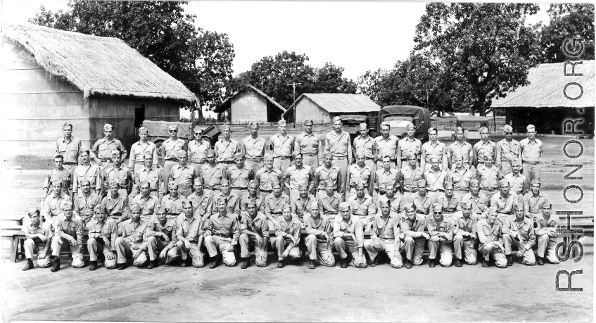 Group photo of enlisted combat aircrew members (flight engineers, radio operators, gunners) of the 491st Bomb Squadron at Chakulia Air Base, India, in the summer of 1943.  (Information provided by Tony Strotman)