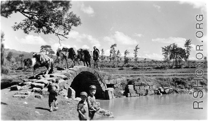 Local people in China: A donkey and mule train crosses a decaying arched stone bridge in Yunnan province, China, during WWII, while kids look at the cameraman.  From the collection of Eugene T. Wozniak.