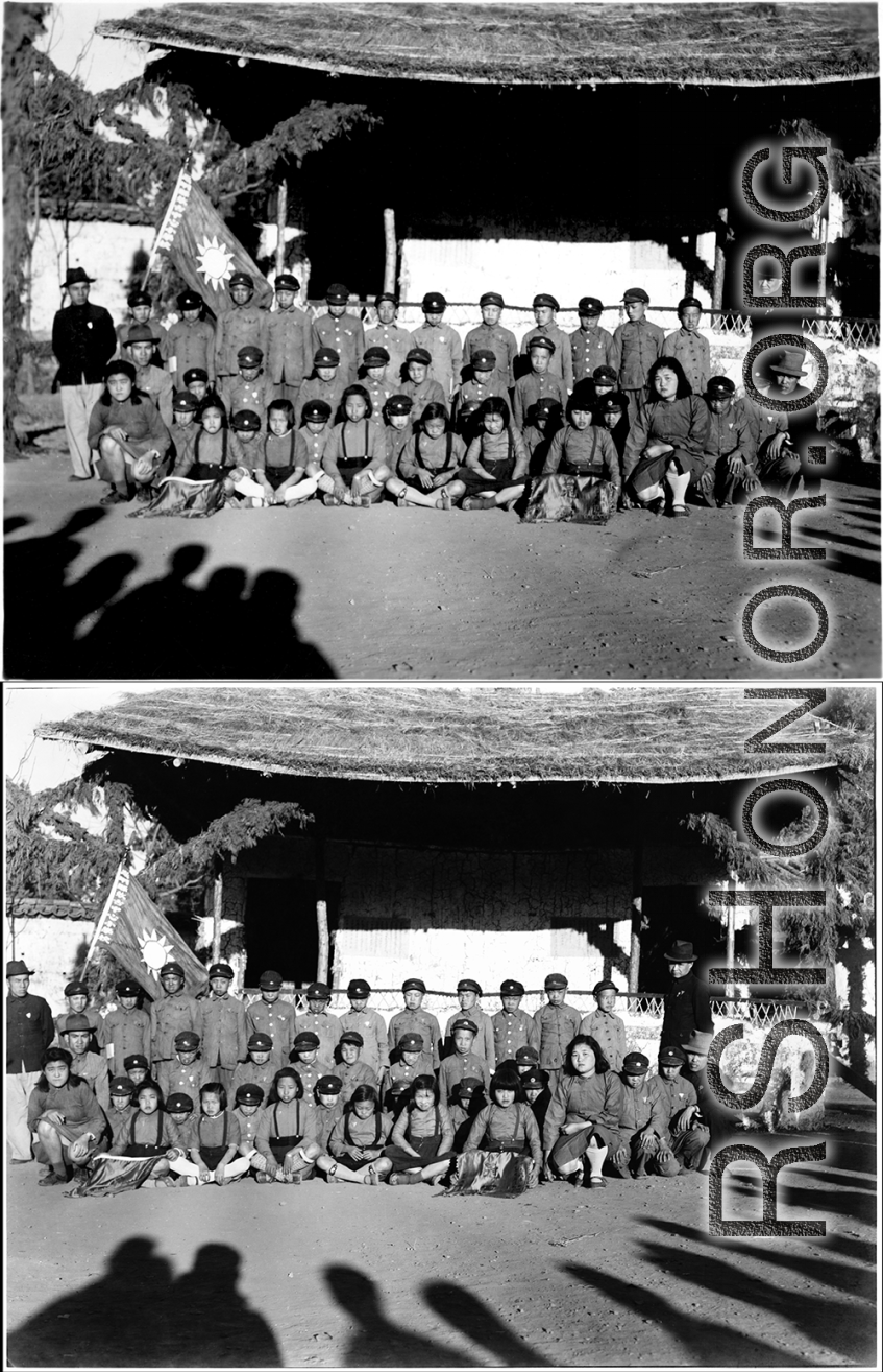 Local school kids in Yunnan province, China, during WWII.  The flag makes it the Songming County Xiaogu Central Elementary School (嵩明县效古中心小学校)