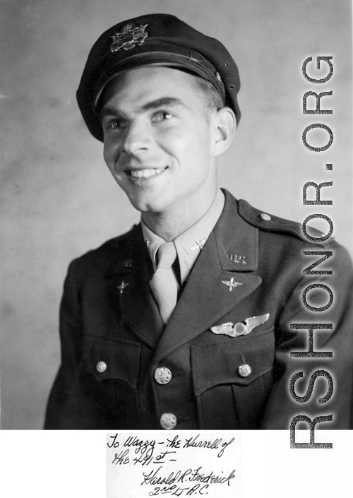 U.S. Army Air Forces (Air Corps) 2nd Lieutenant Harold R. Frederick in a photo he dedicated to Eugene Wozniak, "To Wazzy--The Hurrell of the 491st."
