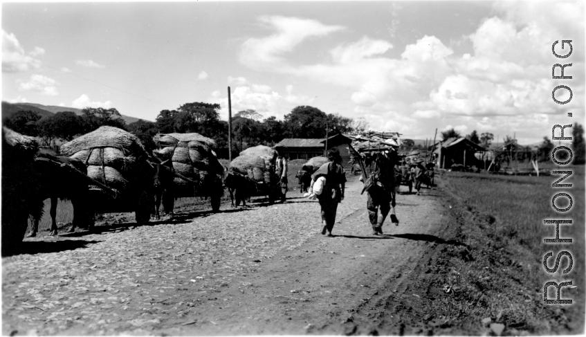 Carts, people, and animals along a road near an American base in Yunnan during WWII.