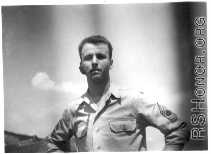 Elmer Bukey poses at Liangshan,China. in 1944 during WWII.