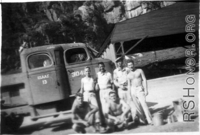 Guilin Engineering Area--396th Air Service Squadron  men, first row (left to right): ?, ?.  Back row: Knecht, ??, Rhoads, ??.