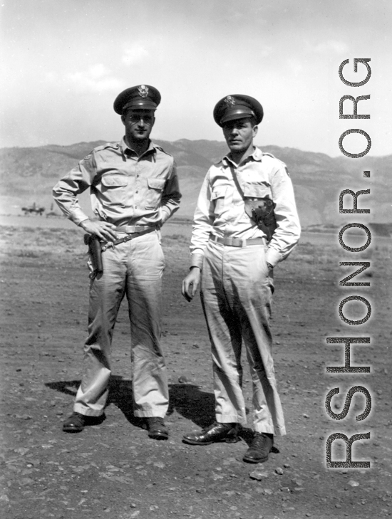 Two American flyers pose in Yangkai, China, during WWII.