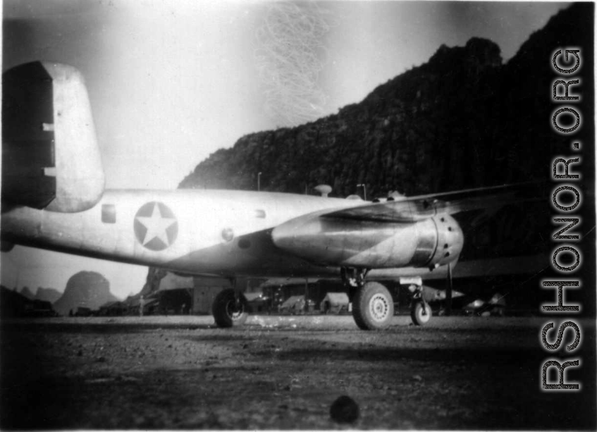 B-25 bomber at American base in Guangxi, China, during WWII.