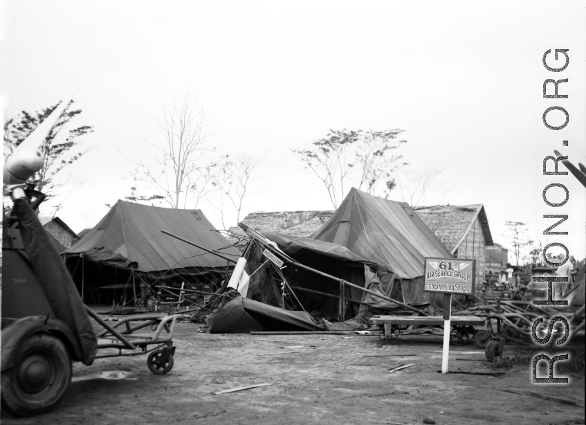 Damage to 61st Air Service Group's propeller repair area and "Engineering Shops" after a tornado on the flight line at Shamshernagar, Assam (India).