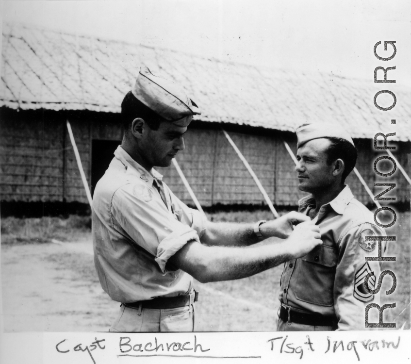 Capt. Bachrach gives and award or promotion to T/Sgt. Ingram. In Assam, India.    From the collection of David Firman, 61st Air Service Group.
