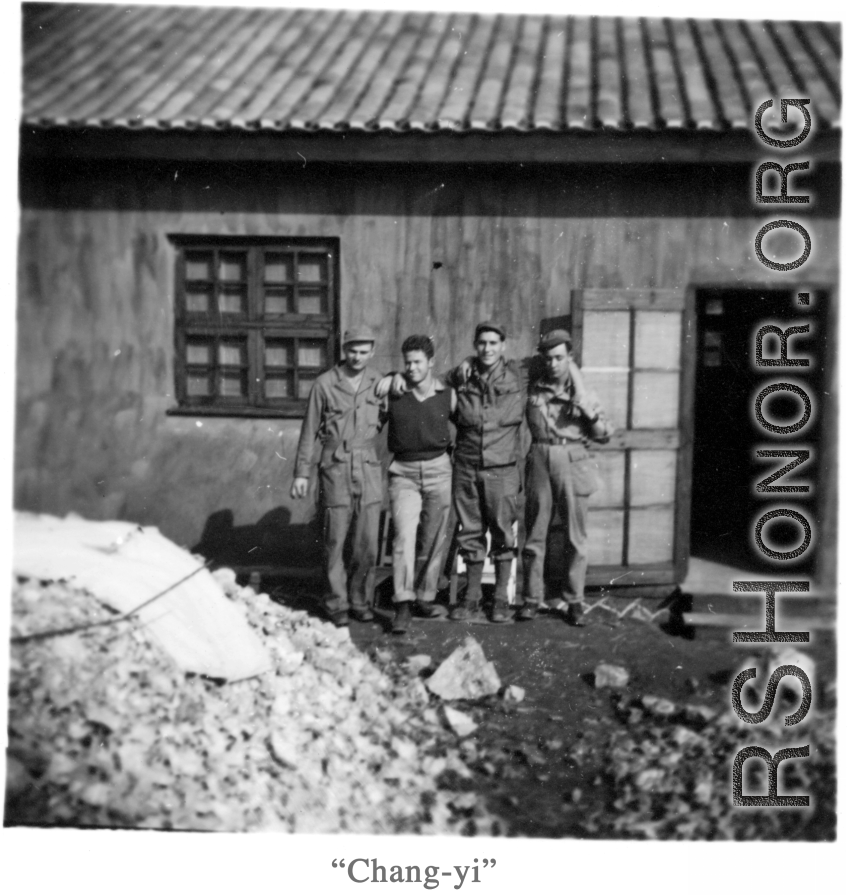 Four American GIs pose at "Chang-yi" air base, in Yunna, China, during WWII.