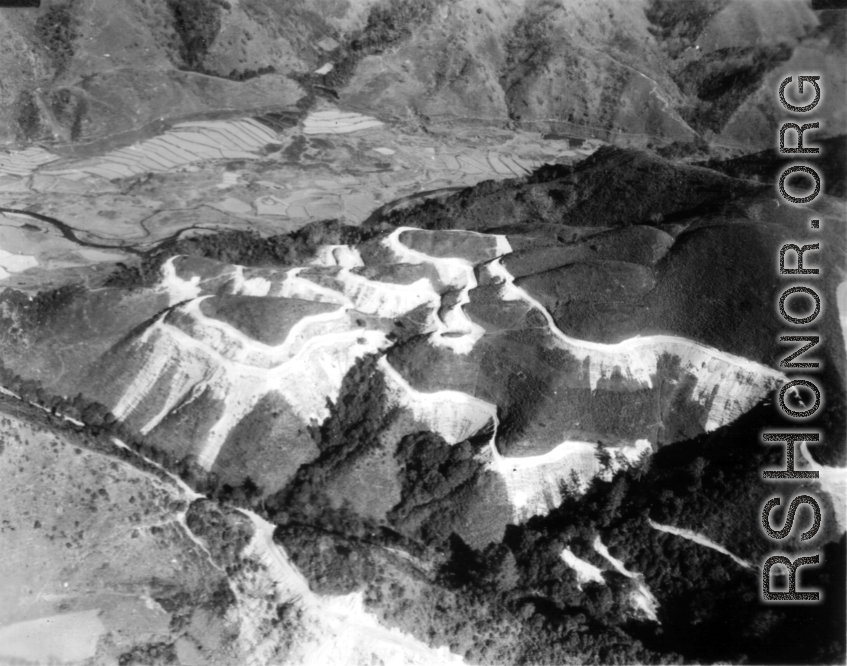 Aerial view of Burma Road construction, during WWII.