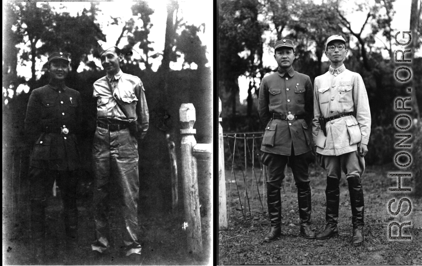 In left image a Chinese officer and Eugene Wozniak pose together; in the right image two Chinese officers pose together. In Yunnan, China, during WWII.
