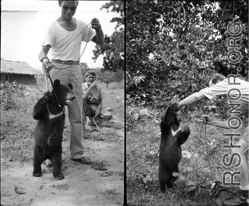GIs with pet bear in the CBI during WWII. Right image is Eugene Wozniak.