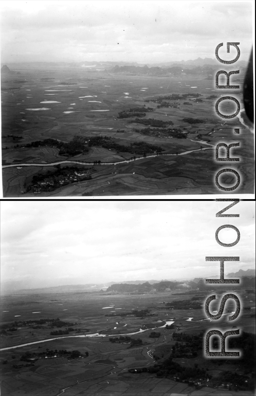 Aerial view of rice paddies and karst mountains in SW China or Indochina, during WWII.