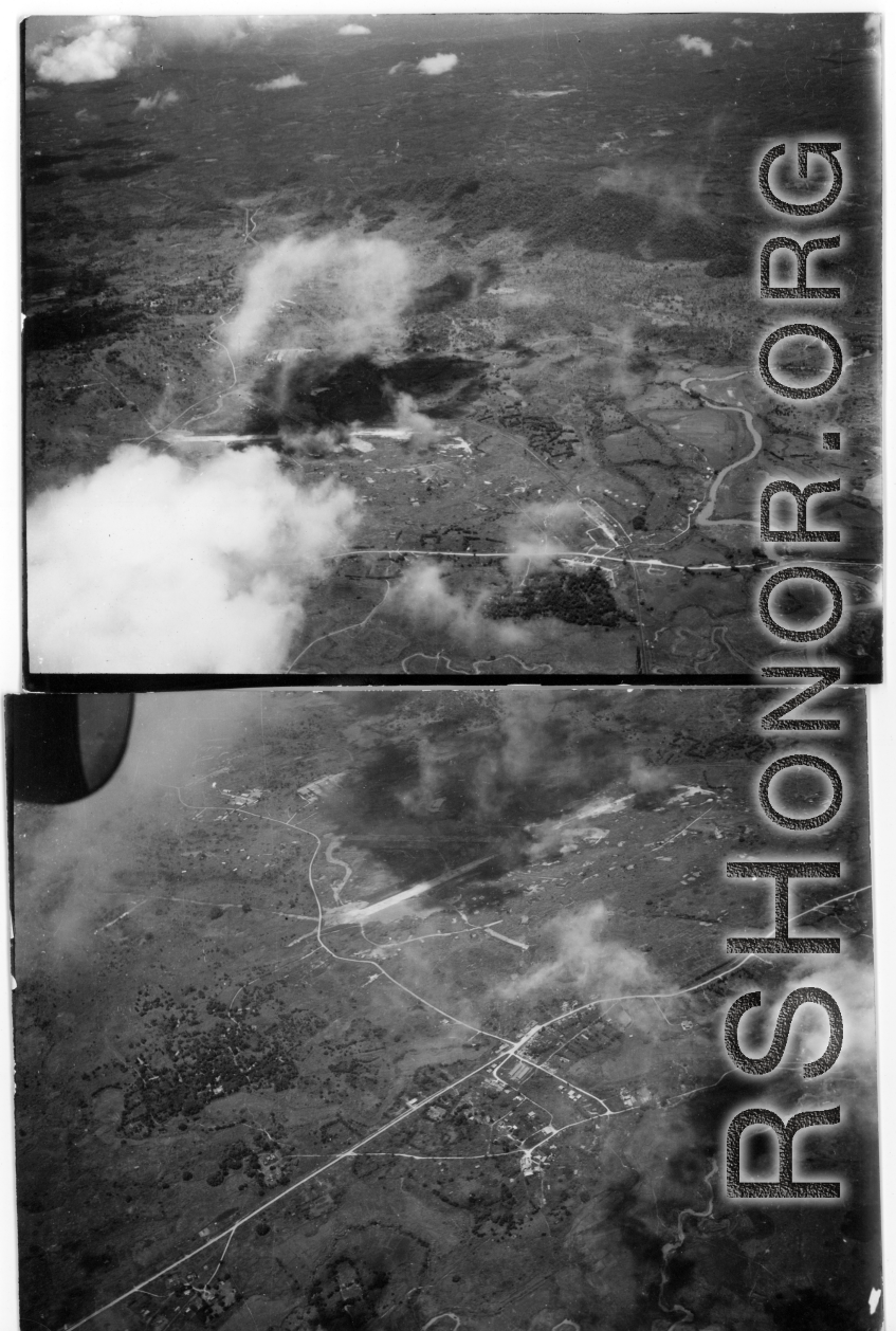 Aerial view of bombing of air base, likely in Burma. During WWII.