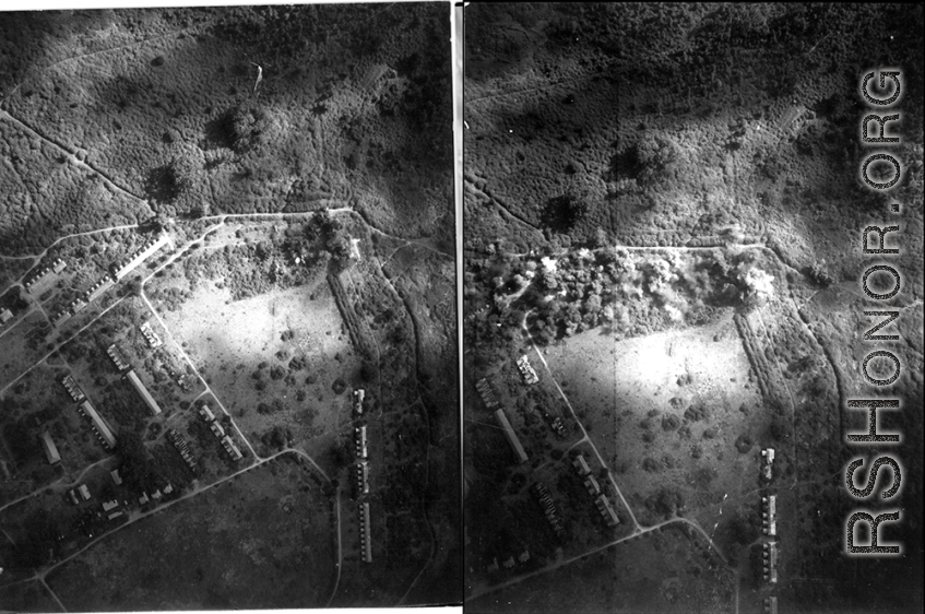 Pair of images showing progress of bombing of a compound with buildings in the CBI, likely in Burma, during WWII.