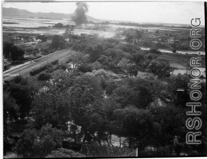 Bombing on Phu Lang Thuong railway bridge over the Thuong River at Bắc Giang City in French Indochina (Vietnam), during WWII. In northern Vietnam, and along a critical rail route used by the Japanese.  Coordinates:  21°16'32.69"N 106°11'9.28"E